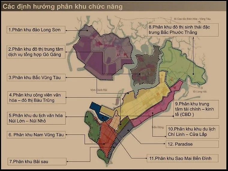 Sơ đồ các định hướng phân khu chức năng, gồm 12 phân khu như đảo Long Sơn, Bắc Vũng Tàu, Nam Vũng Tàu, Bãi Sau và Paradise