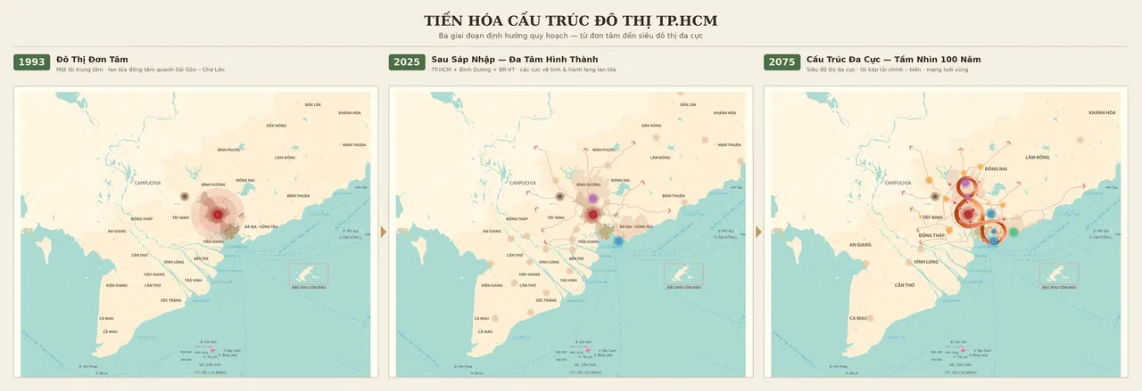 Ba bản đồ minh họa tiến hóa cấu trúc đô thị TP.HCM từ đơn tâm đến đa cực