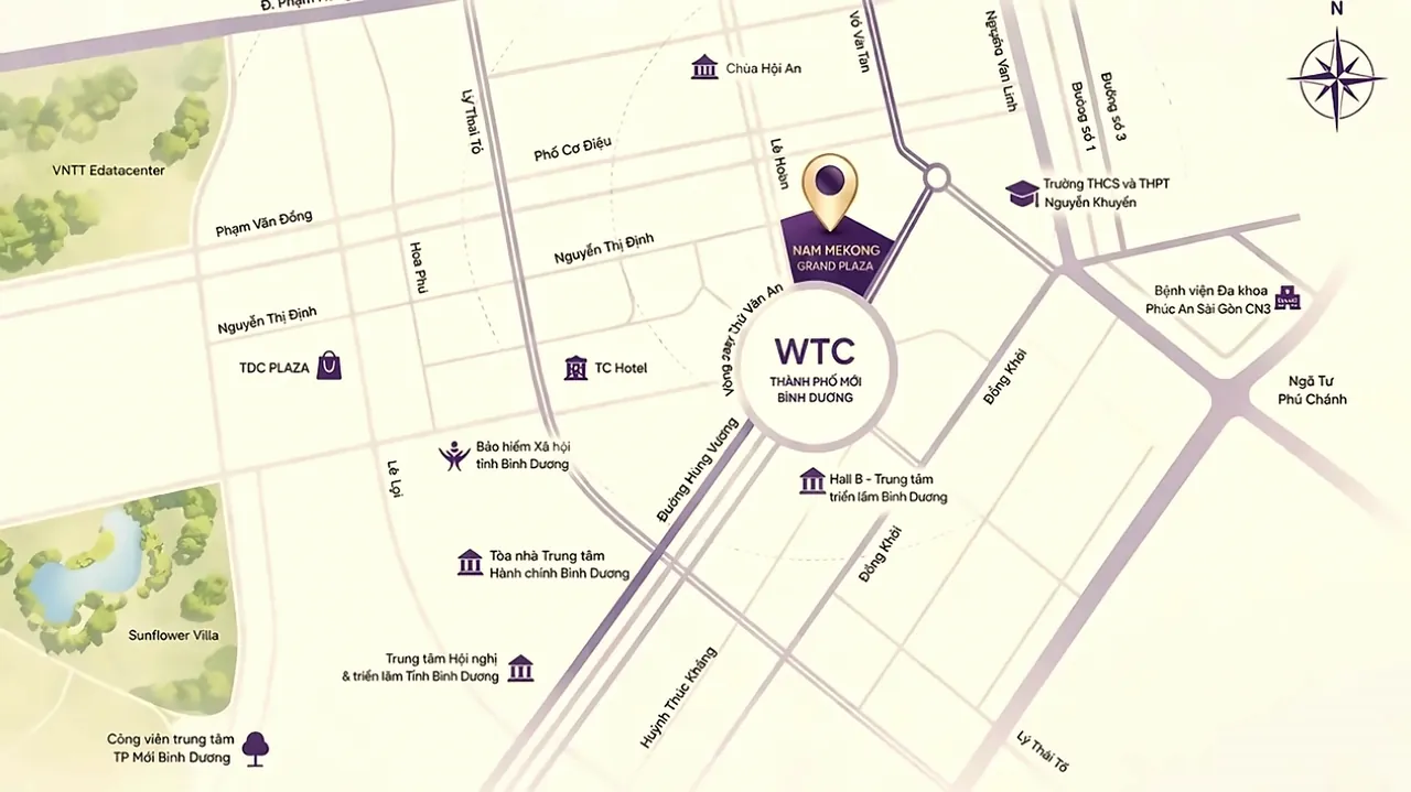 Bản đồ vị trí Nam Mekong Grand Plaza tại vòng xoay WTC, Thành phố mới Bình Dương