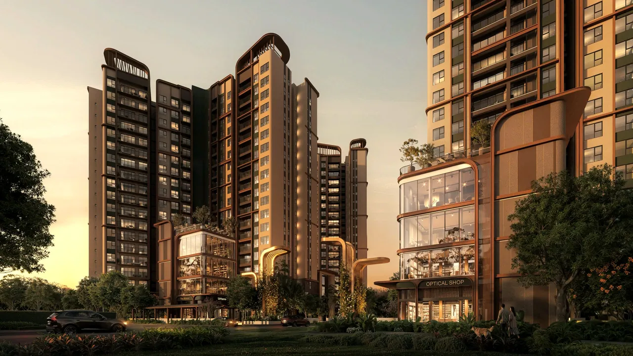 Phối cảnh Norton Park: các tháp căn hộ và khối shop thương mại giữa mảng xanh lúc hoàng hôn