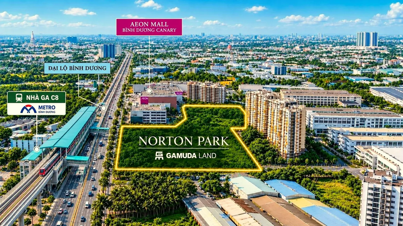 Ảnh vị trí Norton Park: khu đất cạnh AEON Mall Bình Dương Canary, mặt tiền Đại lộ Bình Dương, gần nhà ga C8 metro Bình Dương