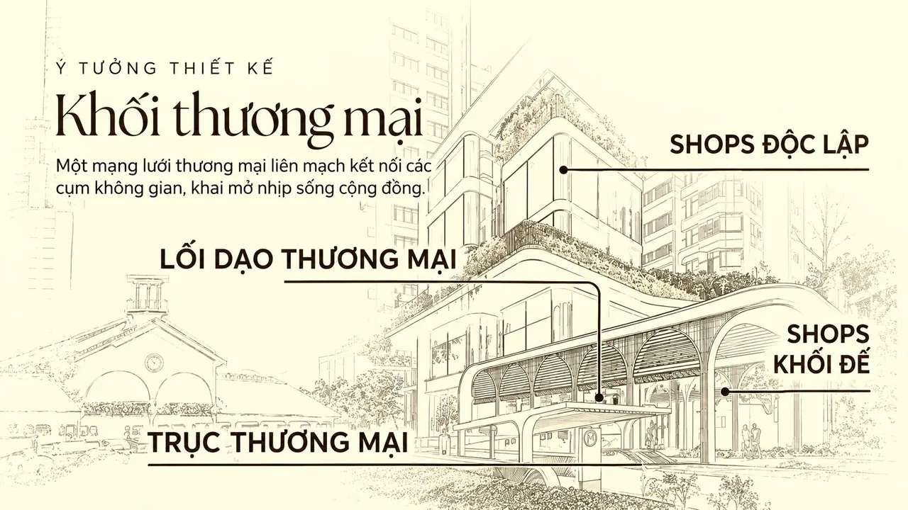 Ý tưởng khối thương mại Norton Park: shop độc lập, shop khối đế, lối dạo và trục thương mại