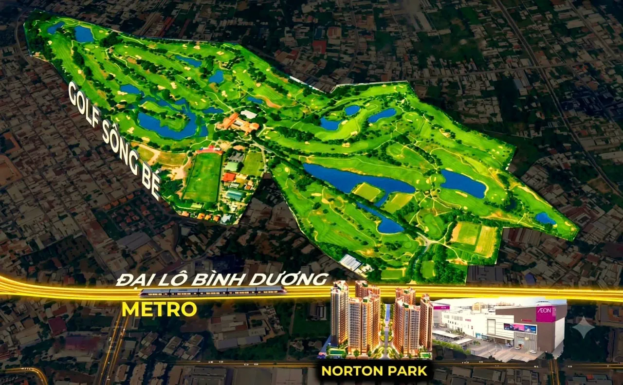Norton Park nằm giữa AEON Mall và tuyến metro trên Đại lộ Bình Dương, phía sau là sân golf Sông Bé