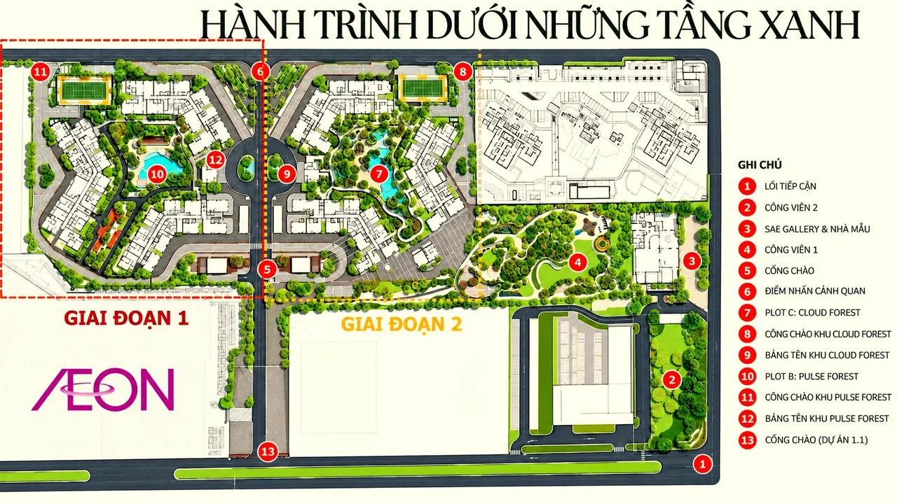 Mặt bằng tổng thể Norton Park: giai đoạn 1 Pulse Forest, giai đoạn 2 Cloud Forest, công viên 1 và 2, SAE Gallery và nhà mẫu, cạnh AEON Mall
