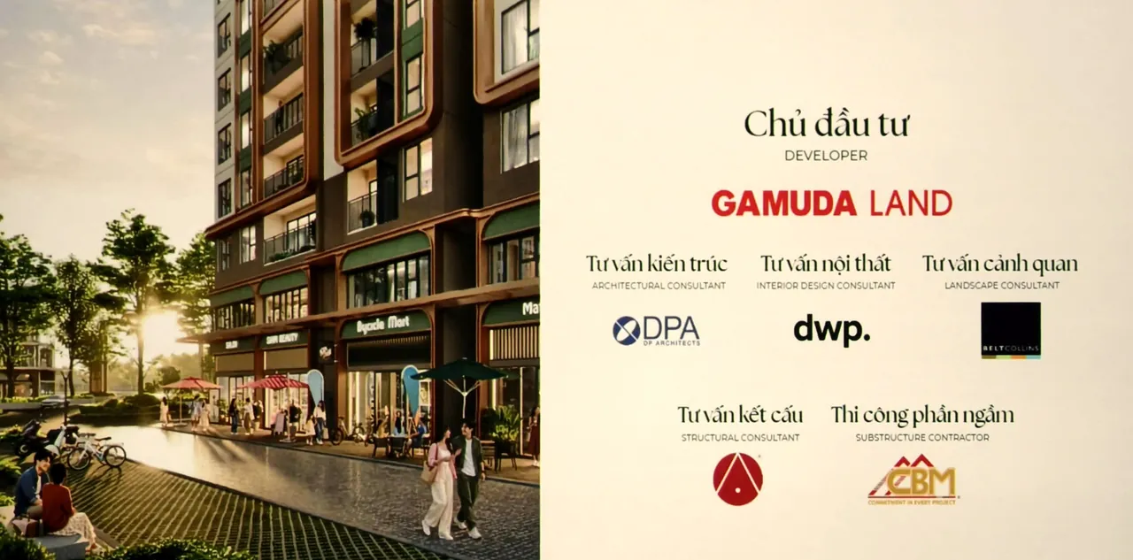 Poster đội ngũ dự án Norton Park: chủ đầu tư Gamuda Land cùng các đơn vị tư vấn kiến trúc DPA, nội thất dwp, cảnh quan Belt Collins, kết cấu và thi công phần ngầm CBM