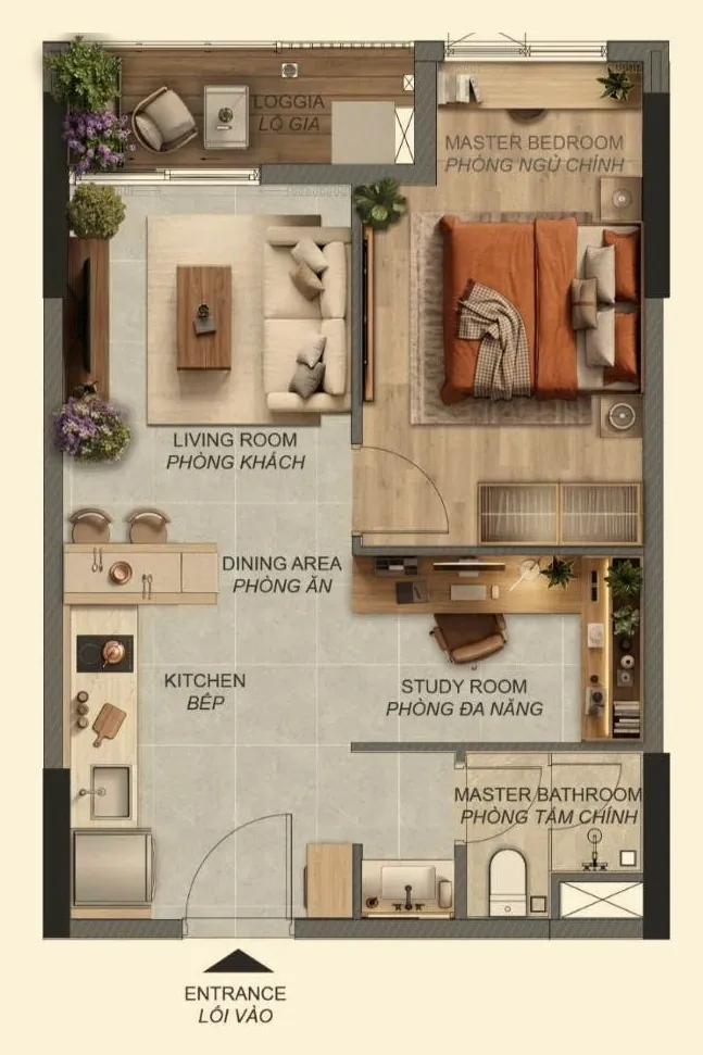 Mặt bằng căn 1 phòng ngủ+ Norton Park, căn tiêu biểu A1.1A, diện tích sàn 50,65 m²