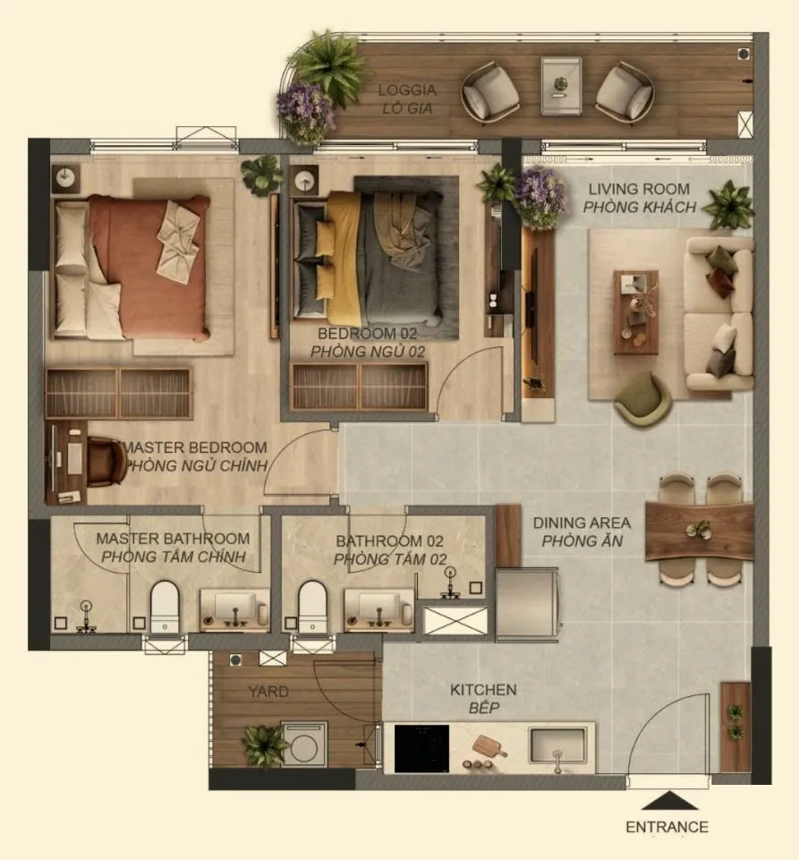 Mặt bằng căn 2 phòng ngủ Norton Park, căn tiêu biểu B1.4A, diện tích sàn 79,24 m²