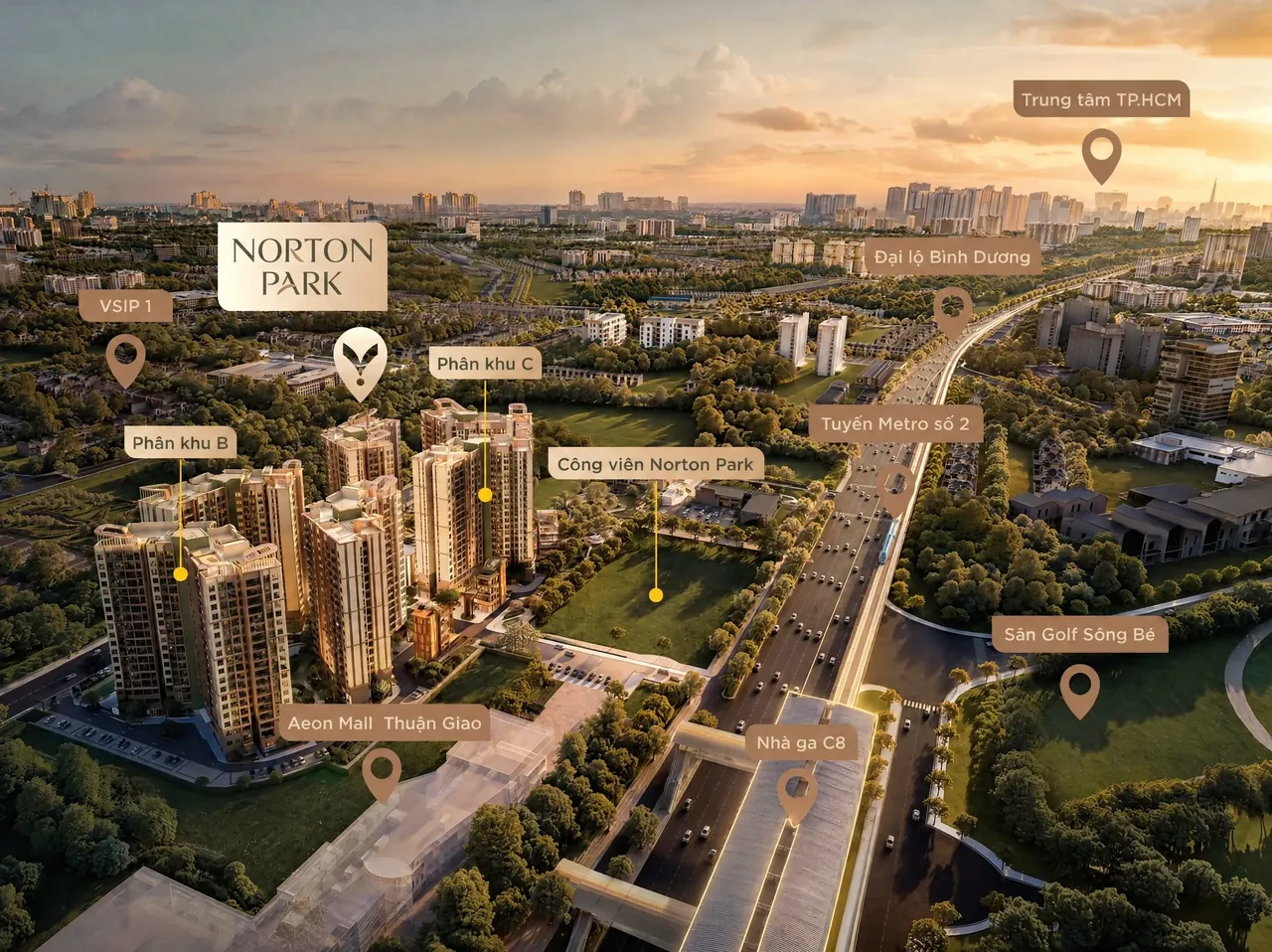 Phối cảnh tổng thể Norton Park trong khu vực: phân khu B và C, công viên Norton Park, AEON Mall Thuận Giao, VSIP 1, tuyến metro số 2 và nhà ga C8, sân golf Sông Bé, Đại lộ Bình Dương