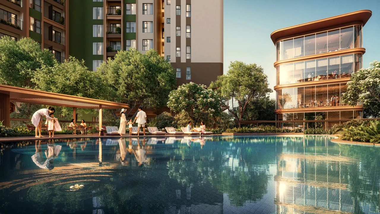 Hồ bơi trung tâm Norton Park giữa tầng cây xanh, bên cạnh tòa Work Hub kính nhiều tầng