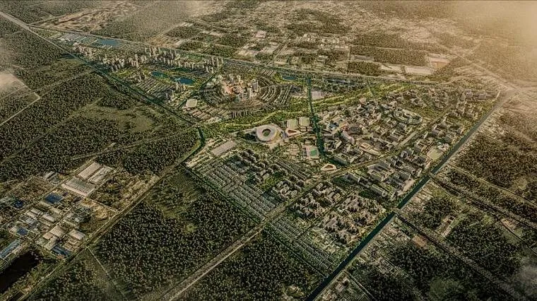 Phối cảnh trên cao khu đô thị xen khu công nghiệp và mảng xanh