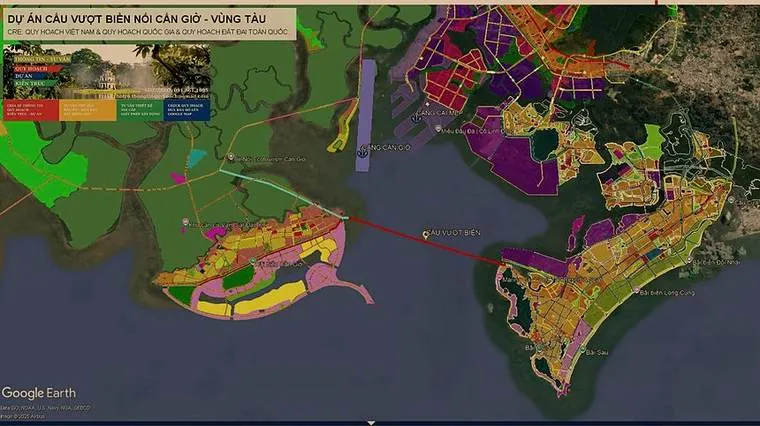 Bản đồ Google Earth dự án cầu vượt biển nối Cần Giờ – Vũng Tàu cùng quy hoạch hai bên bờ