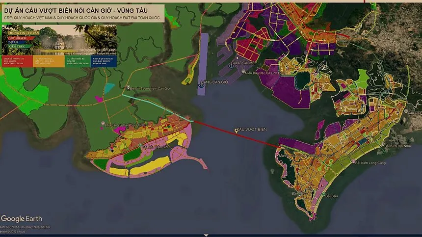 Bản đồ Google Earth dự án cầu vượt biển nối Cần Giờ – Vũng Tàu cùng quy hoạch hai bên bờ