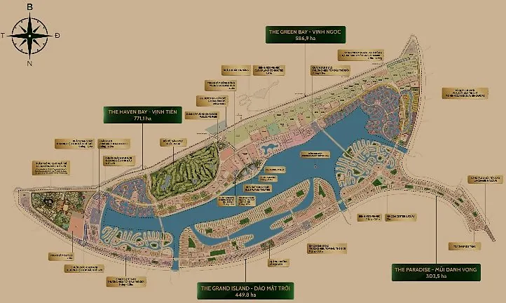 Sơ đồ tổng thể dự án đô thị ven vịnh: The Green Bay – Vinh Ngọc, The Haven Bay – Vinh Tiên, The Grand Island và The Paradise