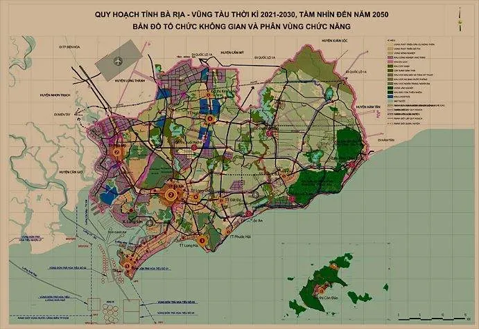 Bản đồ tổ chức không gian và phân vùng chức năng tỉnh Bà Rịa – Vũng Tàu thời kỳ 2021–2030, tầm nhìn đến năm 2050